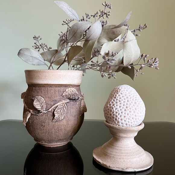 Ceramic Herb Jar, Handmade Lidded Pottery Jar, Rustic Sgraffito Leaves - Picture 3 of 14